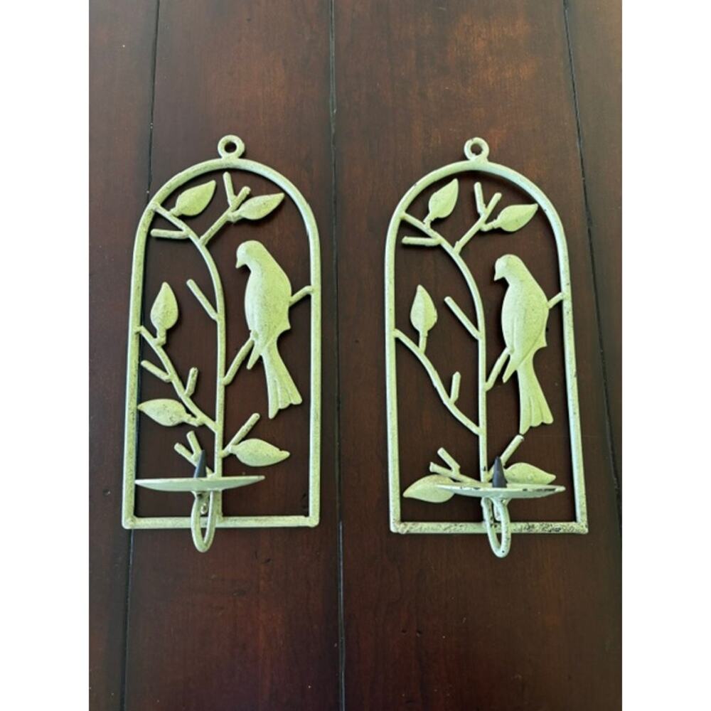 Set of 2 Metal Bird Wall‎ Candle Sconces Cottage Decor Green Distressed 11"